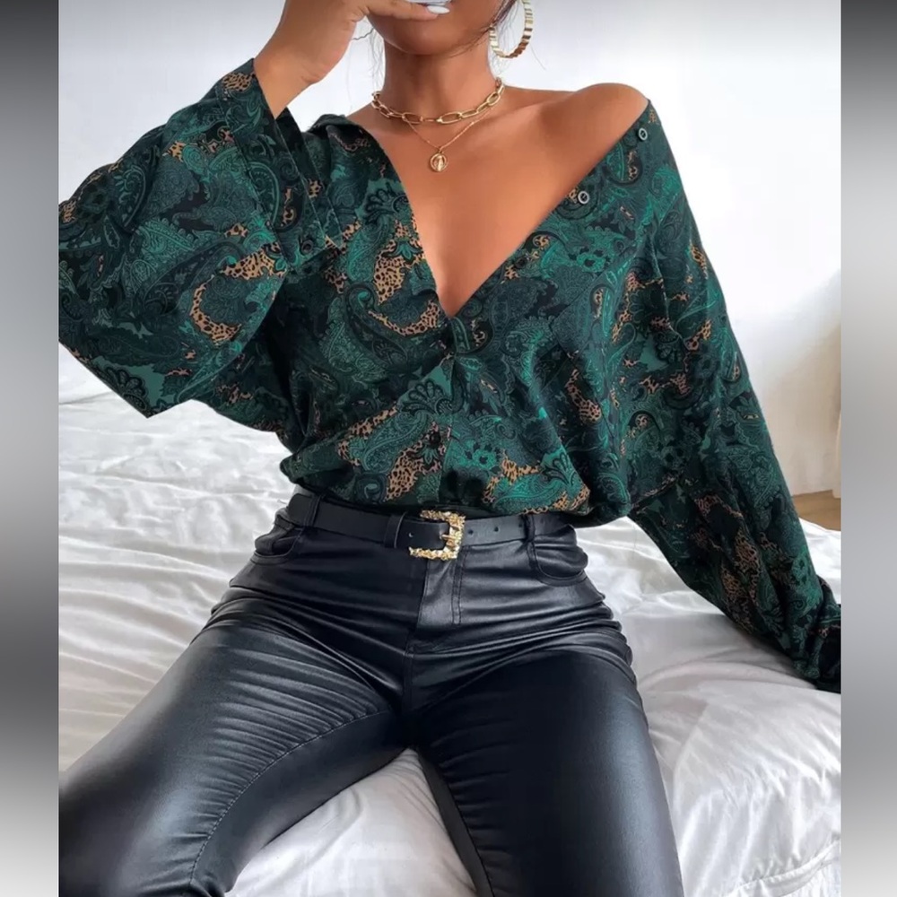 Patterned Shirt Jacket - Teal and Gold